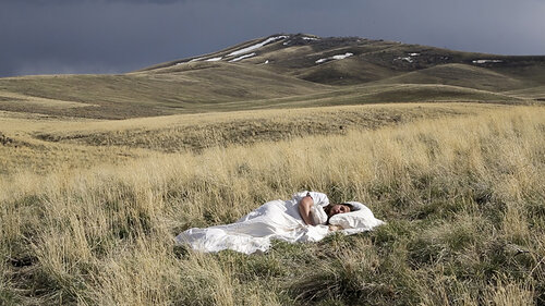 A woman lying in a grass field covered by a white sheet