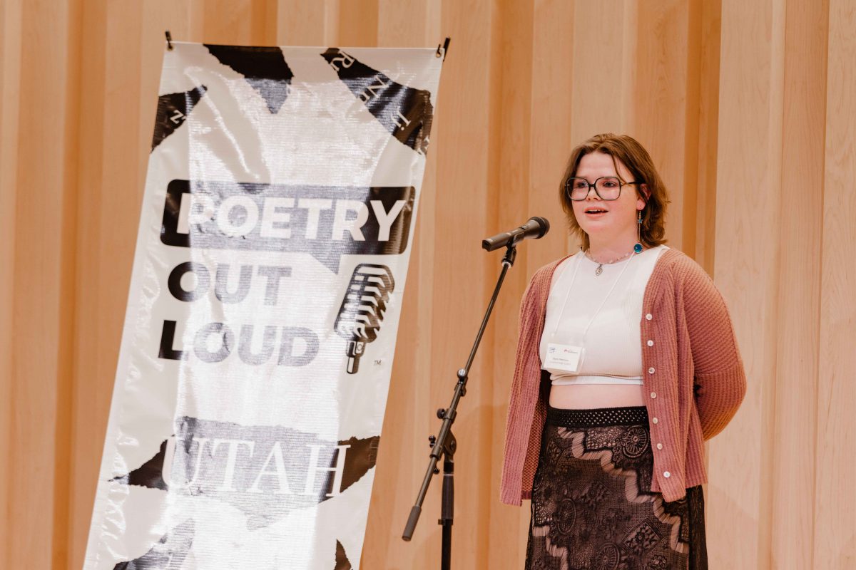 Brynn Patterson, of Viewmont High School, reciting her award-winning poem at the 2023 Poetry Out Loud state finals.