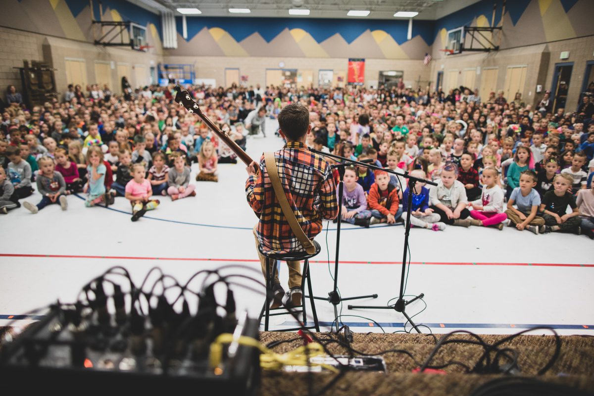 A performer looks at students at a Wasatch County school assembly.