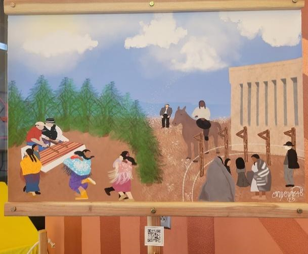 Illustrated scene of people farming, dancing, and celebrating heritage near a building.